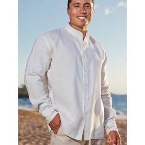 Mens 100% Linen Button Down Long Sleeve Shirt Size XXL White Beachy Wedding